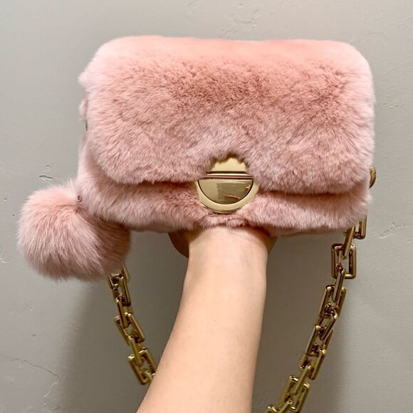 Handmade Real Rex Rabbit Fur Shoulder Bag/Crossbody & Fox Fur Ball Keychain - Picture 1 of 14